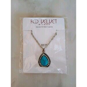 Red Velvet Bijoux Genuine 10 X 14 MM Turquoise Pendant Necklace Silvertone